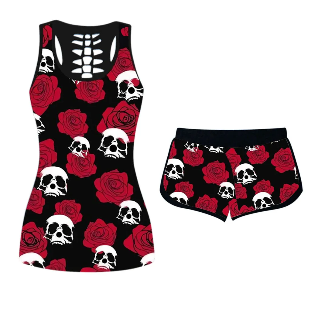 Precio Especial Camiseta sin mangas con estampado de calavera en 3d para mujer, conjunto de 2 uds. De chaleco y pantalón corto, ropa informal de verano para Halloween, 2020 #5 EN1A7bj9q