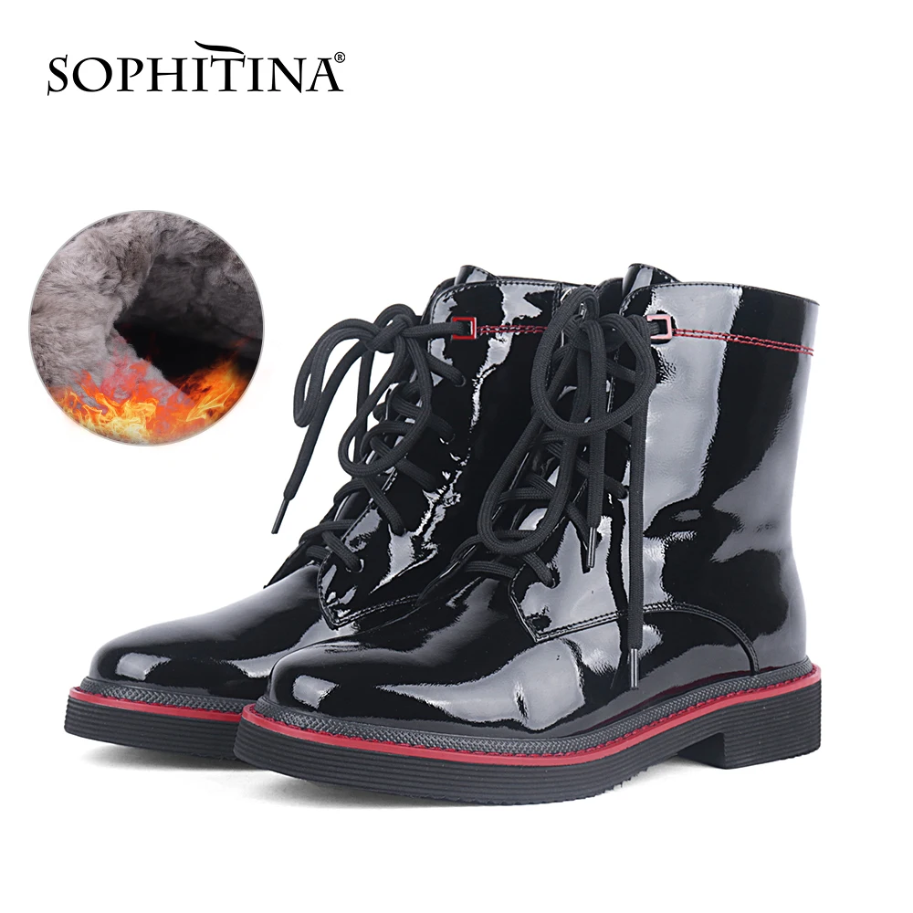 

SOPHITINA Women's Boots Stylish High Quality Patent Leather Winter Wool Warm Ankle Boots Low Heel Comfotable Shoes Women C786