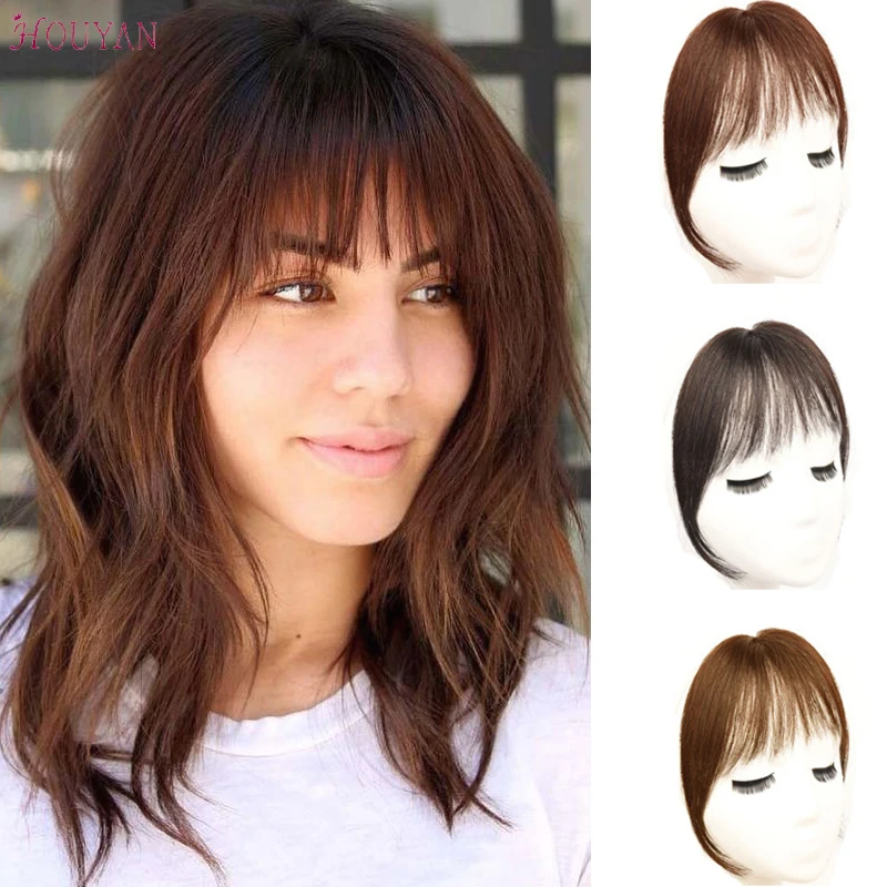 

HOUYAN 100% Human Hair Long Clip In on Bangs Hair Women Extensions Traceless Natural Air Bangs Piece Three Colors