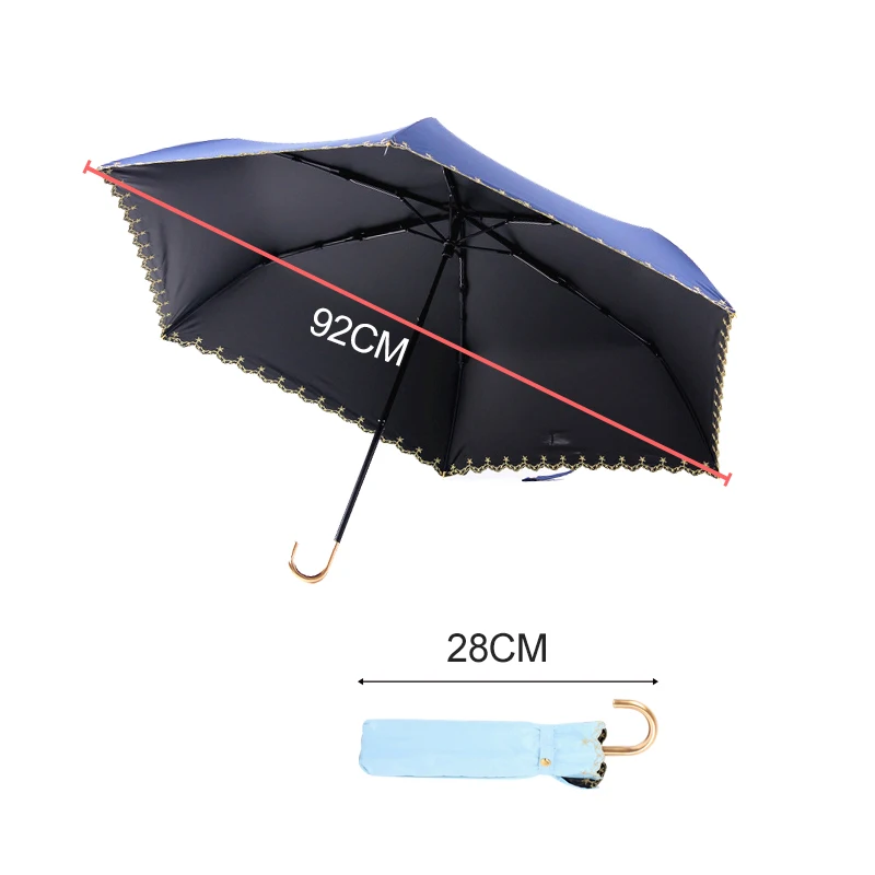 Зонт для ходьбы с золотым крюком и изогнутой ручкой, двухслойный перевернутый зонтик с вышивкой, кружевной ветрозащитный складной зонт