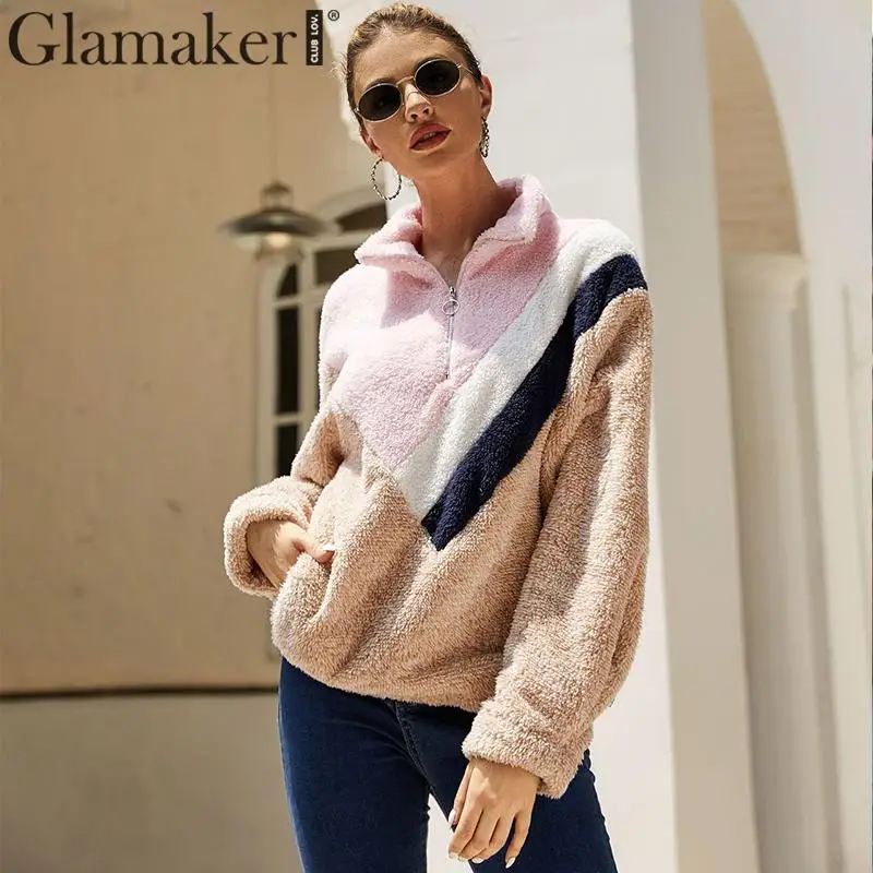 Glamaker трикотажная Лоскутная свободная толстовка с отложным воротником женская элегантная толстовка на молнии с длинным рукавом Женская Осенняя зимняя теплая толстовка