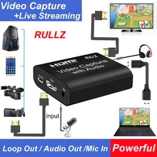 Карта видеозахвата 4K HDMI на USB 2,0 3,0 с выходом Loop Out, коробка для записи видео, для ПК, игр, прямой трансляции видео, записывающее устройство с микрофоном и аудиовыходом Карта видеозахвата 4K HDMI на USB 2,0 3,0 с выходом Loop Out, коробка для записи видео, для ПК, игр, прямой трансляции видео, записывающее устройство с микрофоном и аудиовыходом
