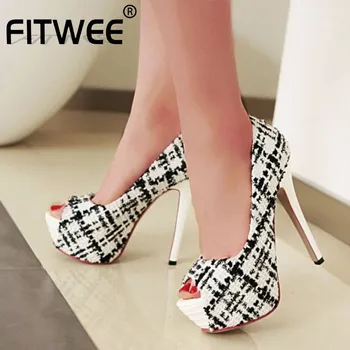 

FITWEE Women Pumps Shoes Designer Fashion Peep Toe Fancy Cloth Shoes Women Sexy High Heels Platform Casual Footwear Size 32-43