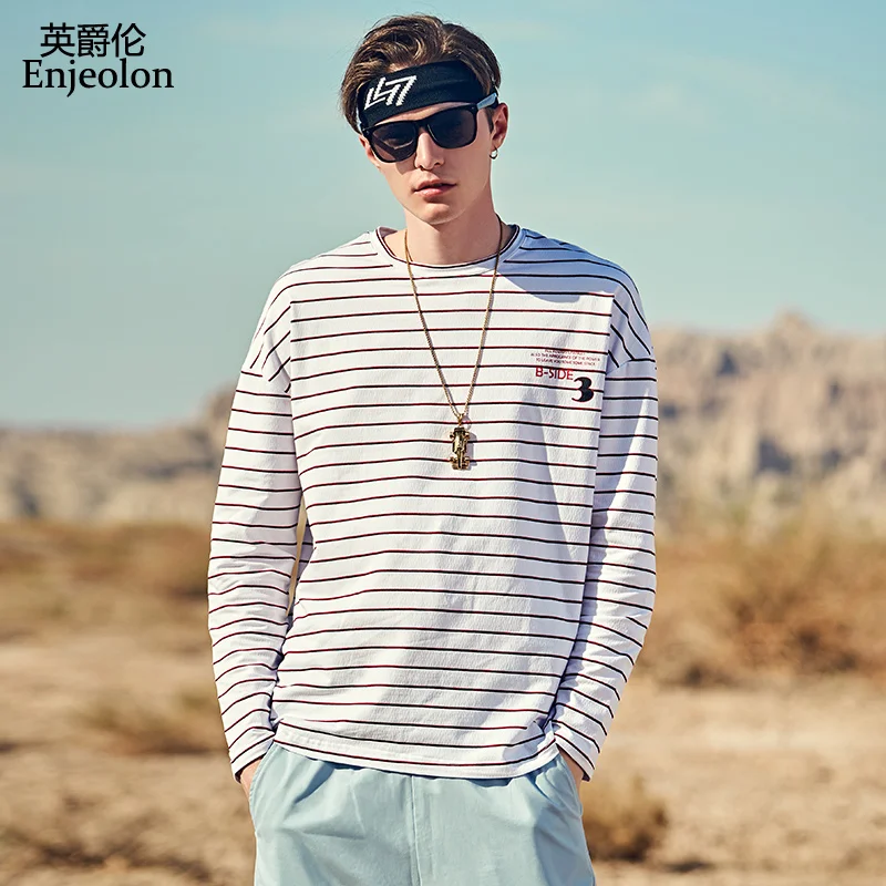 

Enjeolon Brand New 2019 Autumn Tshirt Men Long Sleeved O-neck Striped Cotton Casual Print T shirt Male Top Tee Shirt RST7419-1