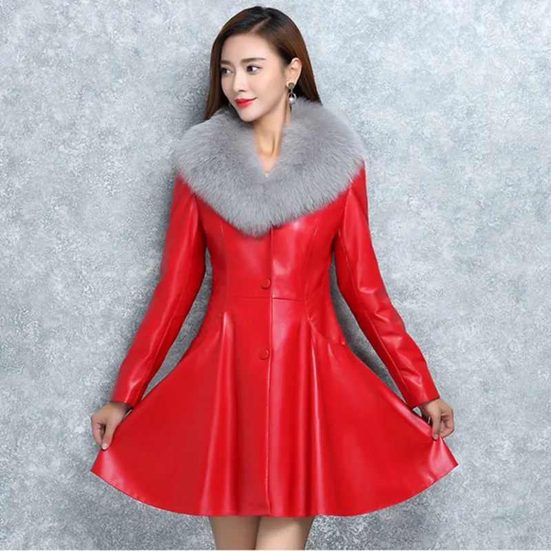 2019 модная искусственная кожа полиуретан куртка большой меховой воротник Длинная