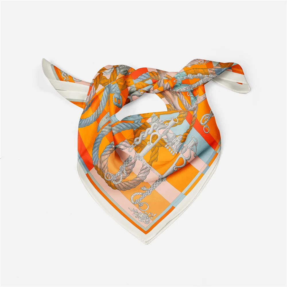 Twill Seide Schal Frau Seil Kette Malerei Quadrat Schals Wraps Bandana Kleine Hijab Seide Foulards Krawatte Stirnband Halstuch 53CM – Detail 8