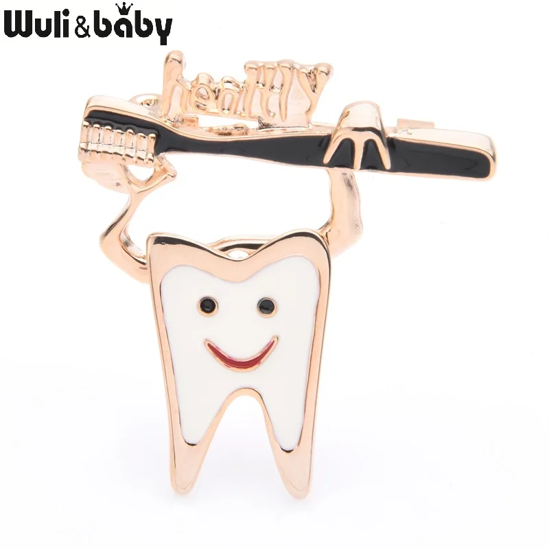 Wuli&baby, 2 цвета, эмаль, зубная щетка, броши для женщин, сплав, золото, серебро, зуб, здоровый стоматолог, брошь, булавки, подарки на год - Окраска металла: gold