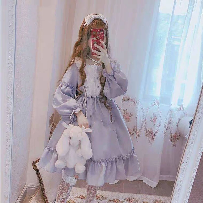 Alice In Wondeland Cute Women Lolita OP Dress Flouncing Lace Trim Japanese Harajuku Long Sleeves Doll Teen Dress Fairy Vestidos