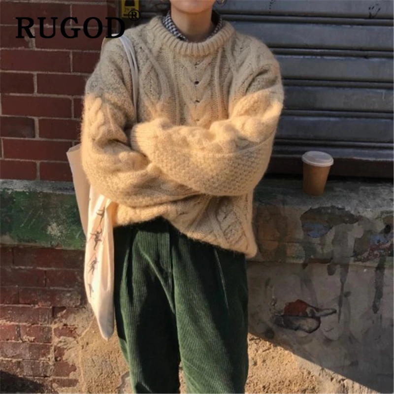 RUGOD, винтажный однотонный вязаный женский свитер, корейский шик, скрученный, мягкий, теплый, пуловер, женский,, модный, длинный рукав, негабаритное пальто