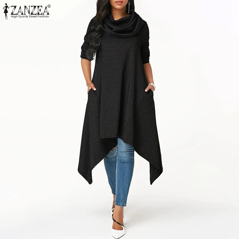  2019 ZANZEA Women Sweatshirt Turtleneck Hoodies Sweatshirts Plus Size Pull Casual Asymmetrical Hood