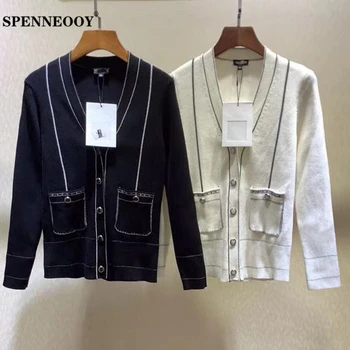 

SPENNEOOY Designer Custom Runway Fashion Female Spring Solid Knitting Cardigans Women V-Neck Pockets Button Streetwear Sweater