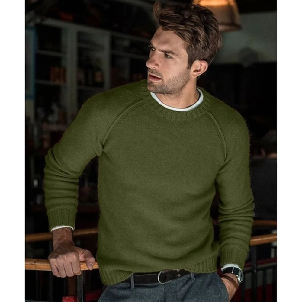 Осенне-зимние модные мужские свитера с длинным рукавом и круглым вырезом, вязаные топы для мужчин, повседневная верхняя одежда, мужской однотонный теплый свитер