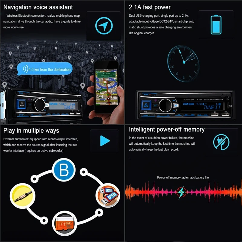 Автомобильный MP3-плеер, автомагнитола 1 DIN 2.1A, двойной USB, быстрая зарядка, Bluetooth, громкая связь, цифровой медиаплеер, 4X65 Вт, fm-радио, поддерживает IOS an