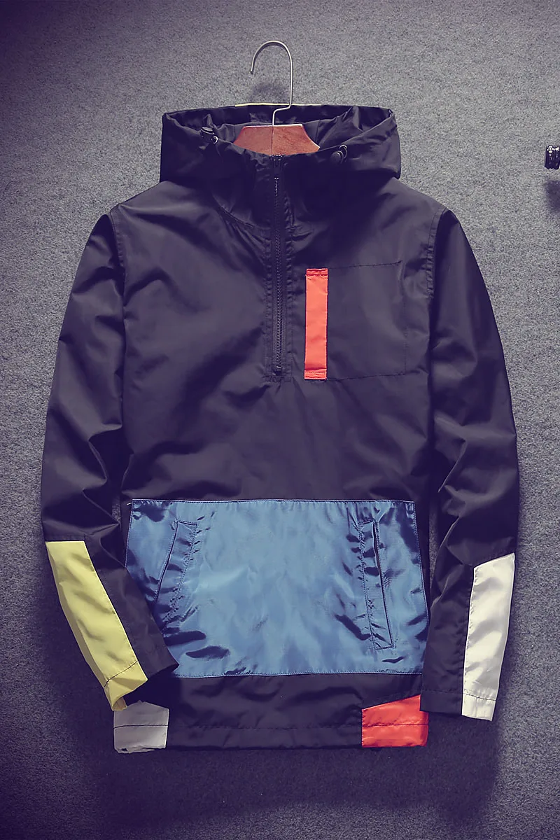 Popular Hooded Jackets Men New Patchwork Color Block Pullover Jacket Fashion Tracksuit Coat Men Hip Hop Streetwear Jacket Men