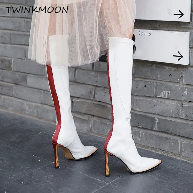 

Women's High Boots Stretch Sheepskin Patent Leather Knee High Boots Point Toe Zip Back Sexy Designer Color Blocked Women's Boot