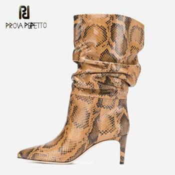 

Prova Perfetto Autumn Winter New High Heels Gray Snake Print Silver Mid-tube Boots Fashion Pointed Toe Pleated Women's Boots 42