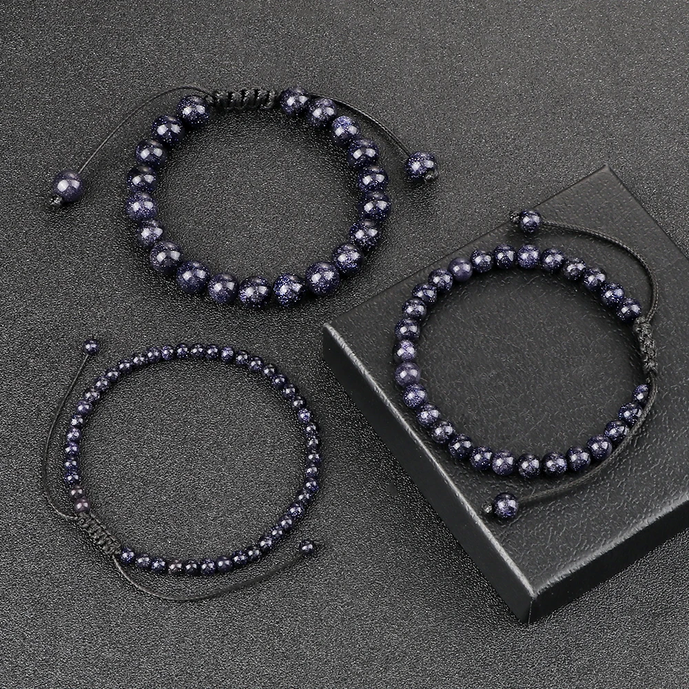 4 6 8mm Blue Sandstone Beads Bracelets & Bangles for Women Men Handmade Natural Stone Braided Bracelet Shining Wrist Jewelry