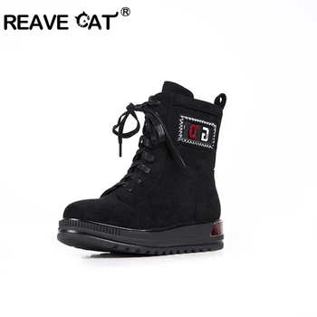 

REAVE CAT Girls Ankle Boots Round Toe Height Increasing Platform Flock Zipper Anti slip lace up Cross-Tied Decoration Size 33-38