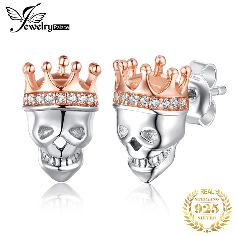 

JewelryPalace Skull King Crown CZ Stud Earrings 925 Sterling Silver Earrings For Women Korean Earrings Fashion Jewelry 2019