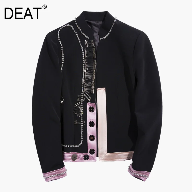 

[DEAT] 2019 New Spring Summer Stand Collar Long Sleeve Hit Color Rhinestone Personality Jacket Women Coat Fashion Tide JY02