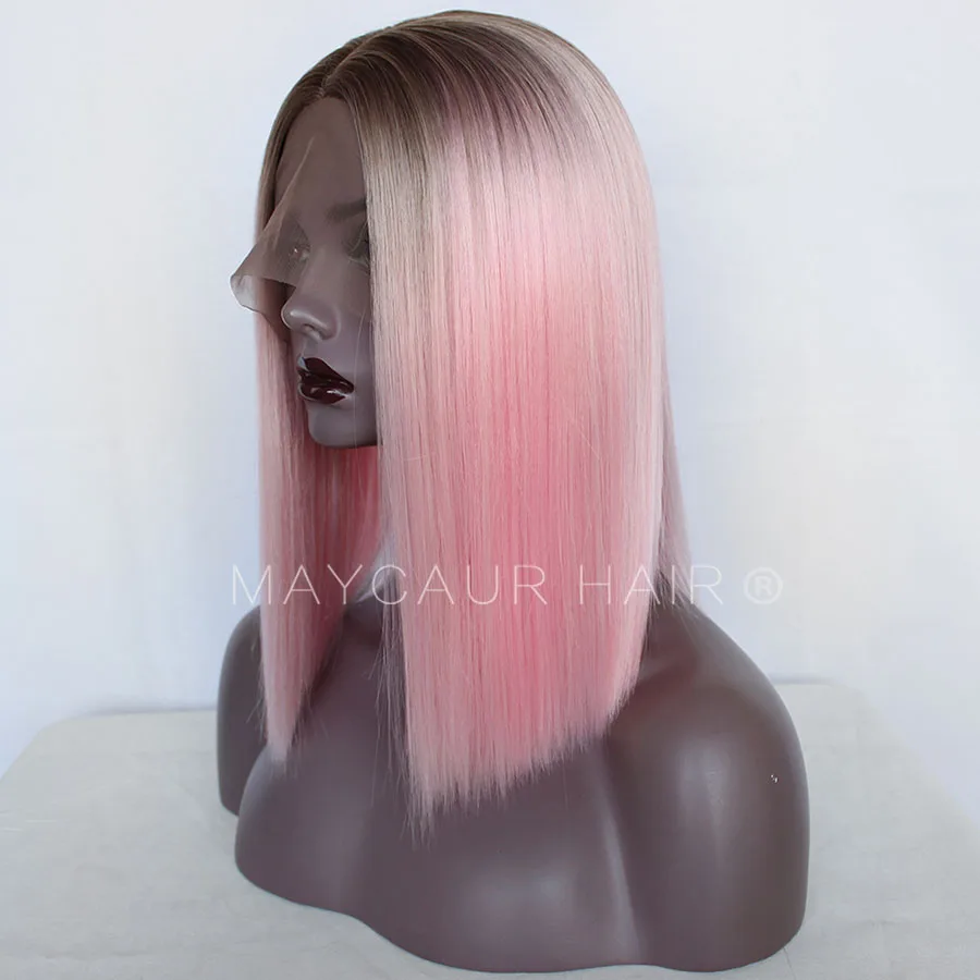 Brown Roots Pink White Ombre Color Short Bob Synthetic Lace Front Wigs For Women Middle Part Lace Wigs with Natural Hairline (4)