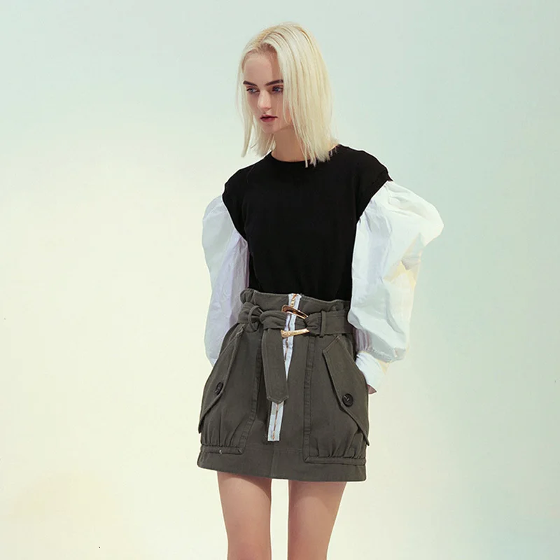 TWOTWINSTYLE юбки в стиле пэчворк хитовых цветов для женщин, высокая талия, с поясом, на шнуровке, мини женская юбка, модная одежда