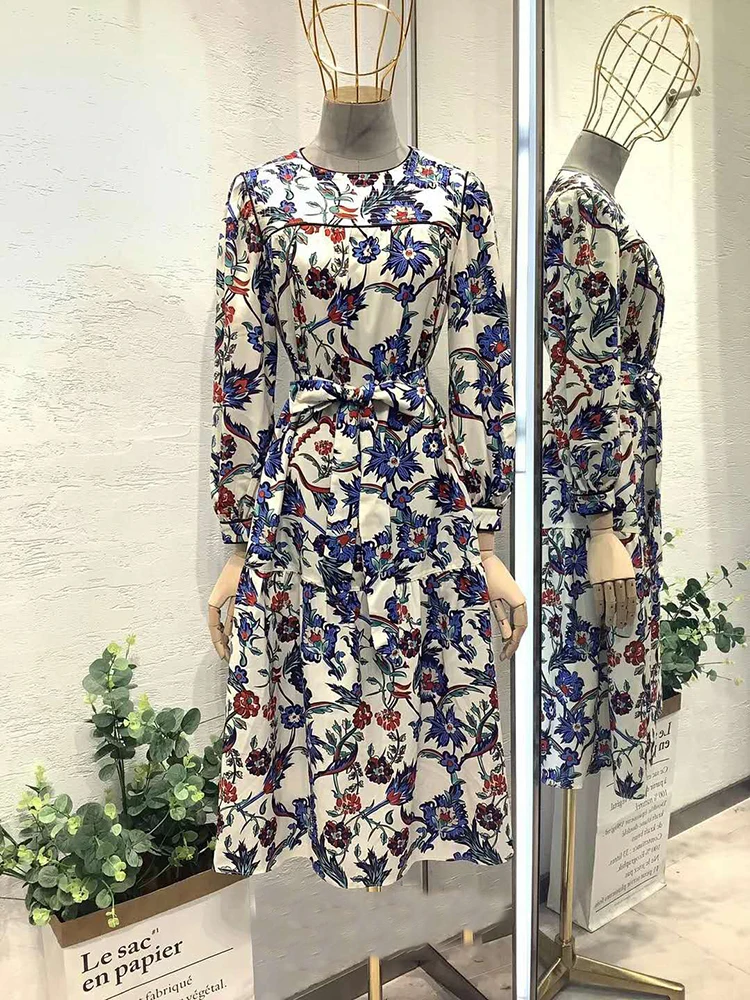 AELESEEN Runway Fashion Women Dress Designer New Arrival Autumn Fall Dress Long Sleeve Loose Style Flower Print Casual Dress