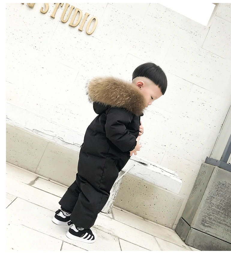 Winter Overalls For Baby Rompers Jumpsuit Children Duck Down Overalls Snowsuit Toddler Kids Boys Girls Fur Hooded Romper Costume