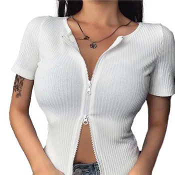 

Fashion Knitted Ribbed Tank Tops Sexy Zipper V-Neck Crop Vest Solid Harajuku Female Short Sleeve Black White Summer Women Tops