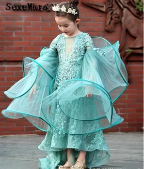 

Lace Applique Hi-Lo 2019 Girls Birthday Dress with Sweep Train Special Occasion Kids Formal Wear Girl's Pageant Gown