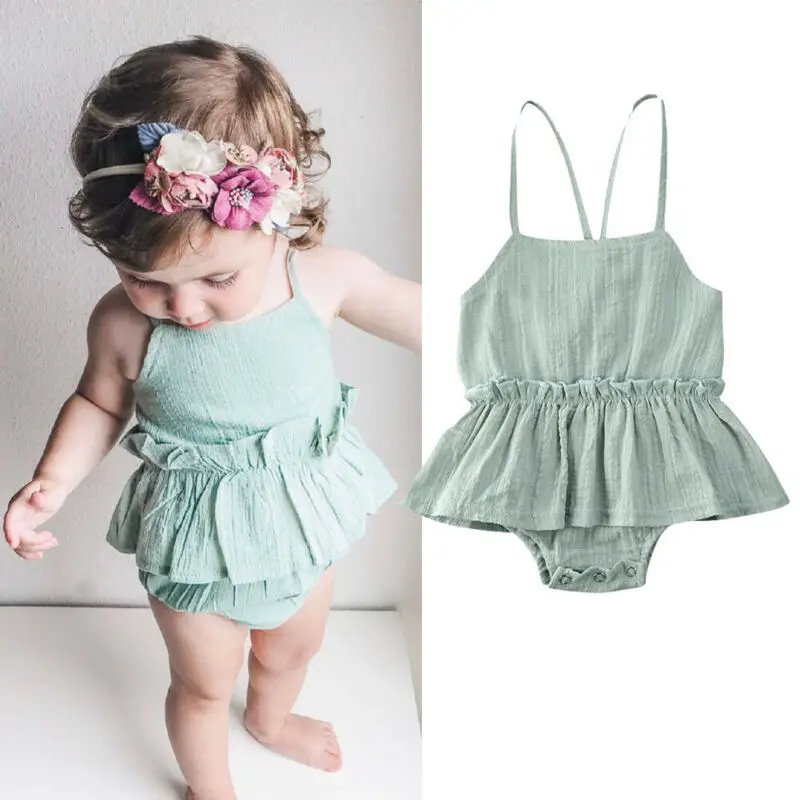 2020 Baby Romper Dress Newborn Baby Girl Clothes Sleeveless Belts Green Romper Jumpsuit with Tutu Skirts Summer Outfit 0-18M