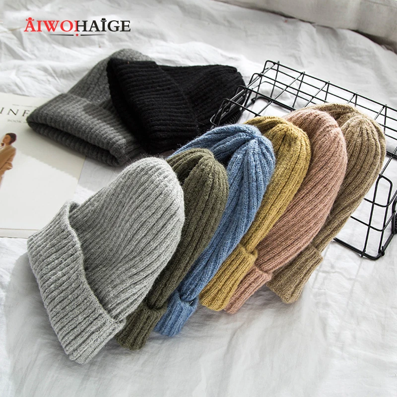 

2019 New Solid Knitted Warm Beanies Women Soft Trendy Hats Simple Korean Style Womens Wool Casual Caps Elegant All-match Beanie