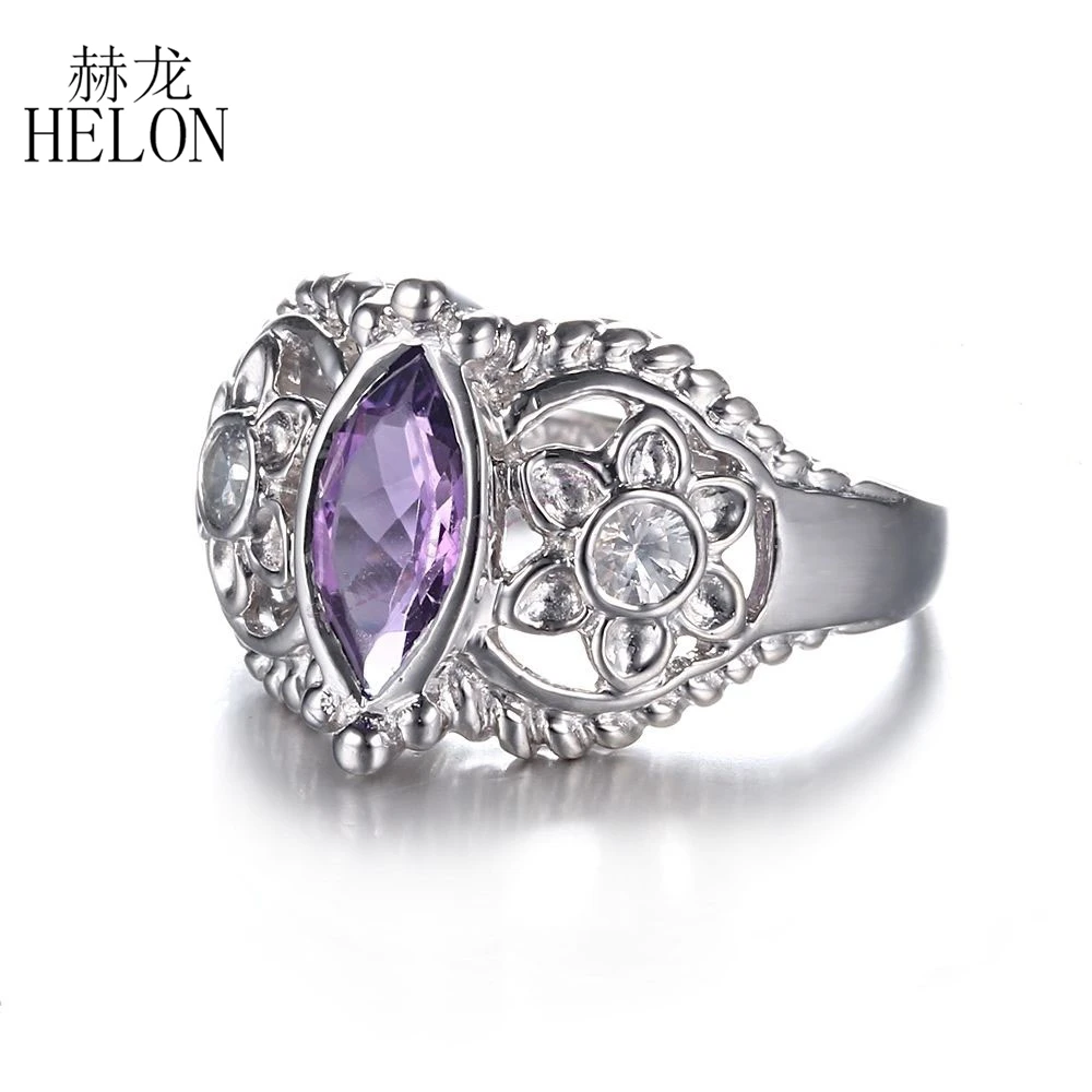 HELON 925 пробы Серебряная маркиза 1.44ct натуральный аметист и белый топаз Обручальное кольцо Изысканные цветы ювелирные изделия кольцо