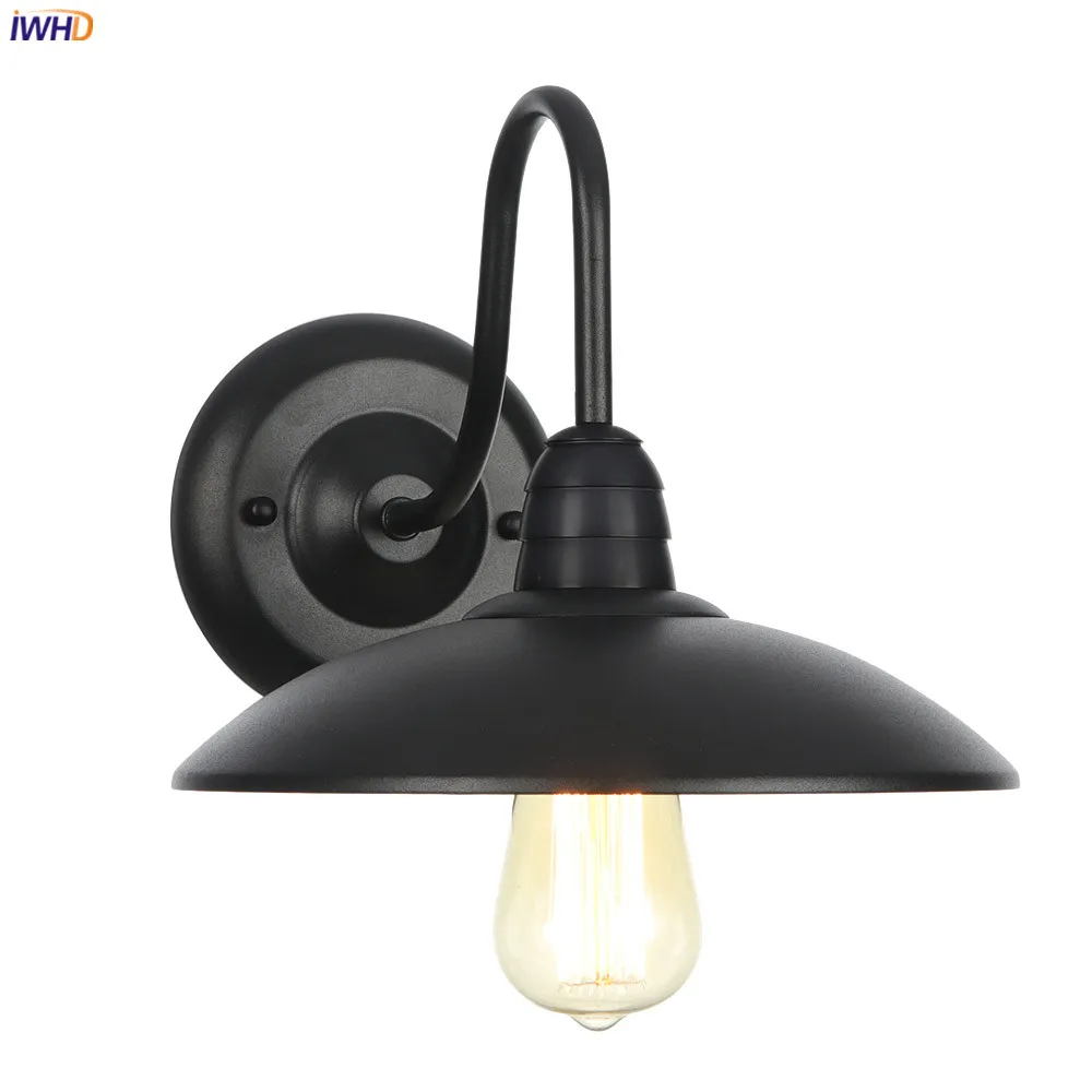 IWHD American Country Retro LED Wall Lights For Home Lighting Black Metal Bathroom Mirror Stair Light Glass Vintage Wall Lamp