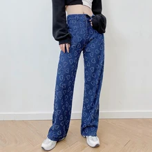 Y2K Heart Straight Jeans Vintage Fashion Women's High Waist Pocket Denim Pants Korean Casual Baggy Streetwear Trousers Harajuku