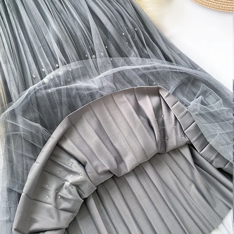 Wasteheart Winter Gray Women Skirt High Waist Beading Ankle Length Skirt Mesh Clothing All-match Empire Sweet Pleated Skirts