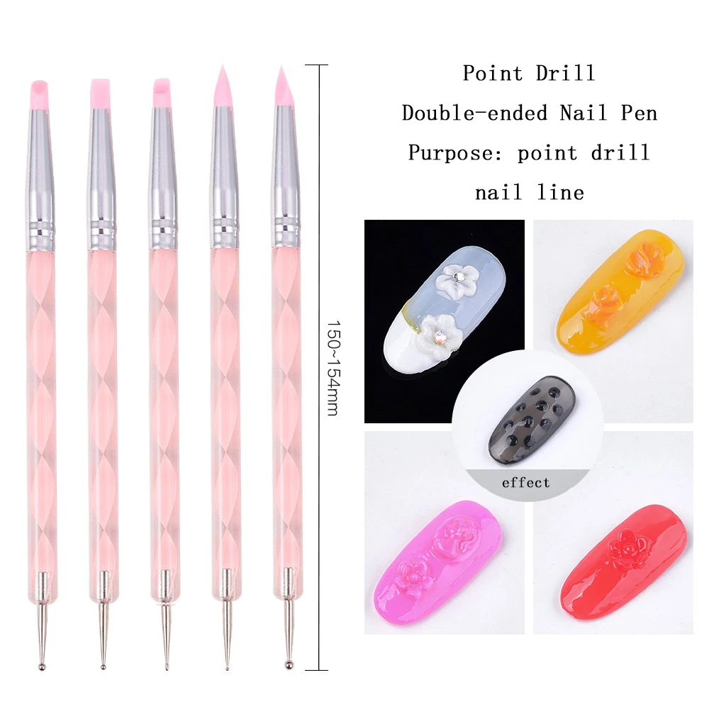

5 Pcs Nail Art Double-end Pen Crystal Pen Carving Pen Nail Art Screw Rod Silicone Sequin Rod Nail Brush Set