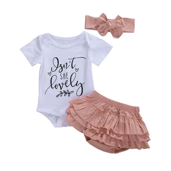 

0-18M Newborn Baby Girl Clothes 3Pcs Short Sleeve Letter Romper + Ruffle Tutu Skirt + Headband Suit
