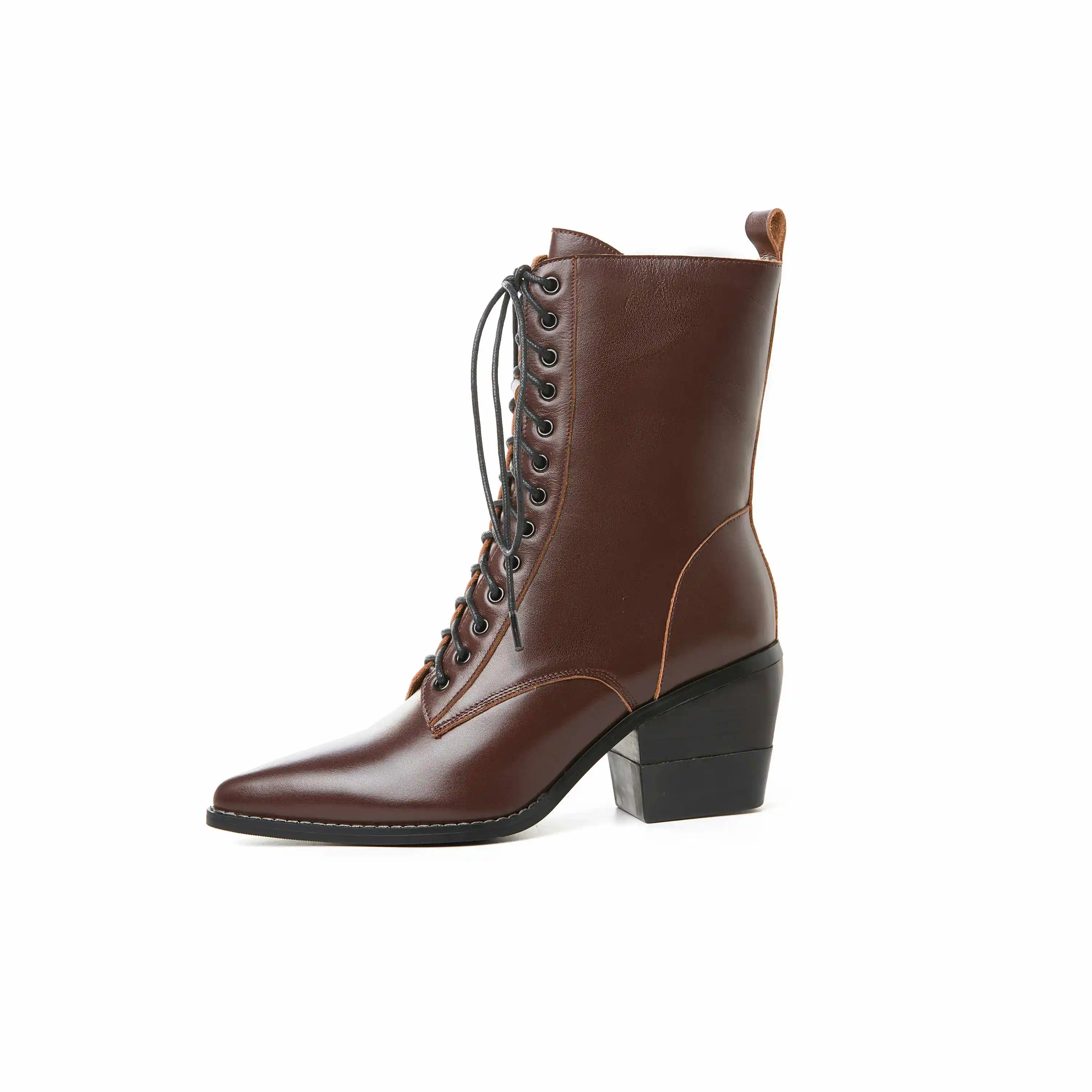 krazing pot hot superstar vintage cow leather boots pointed toe high heels lace up zip women winter fashion mid-calf boots L18