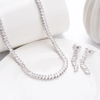 

Geometric Fahsion Wedding Jewelry Sets For Women Full Pave Zircon White gold Earrings Necklaces Set