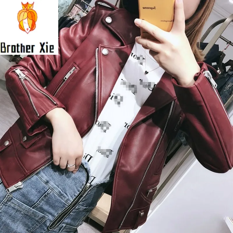 

Fashion Women Wine Red Sheepskin Genuine Leather Jacket Motorcycle Female Short Coat Windproof Autumn Casual Real Leather Jacket