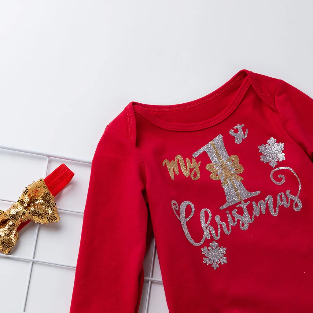 Рождественский комплект одежды из 3 предметов для маленьких девочек Комбинезон с принтом «my first christmas»+ платье-пачка+ повязка на голову, комплекты для новорожденных девочек