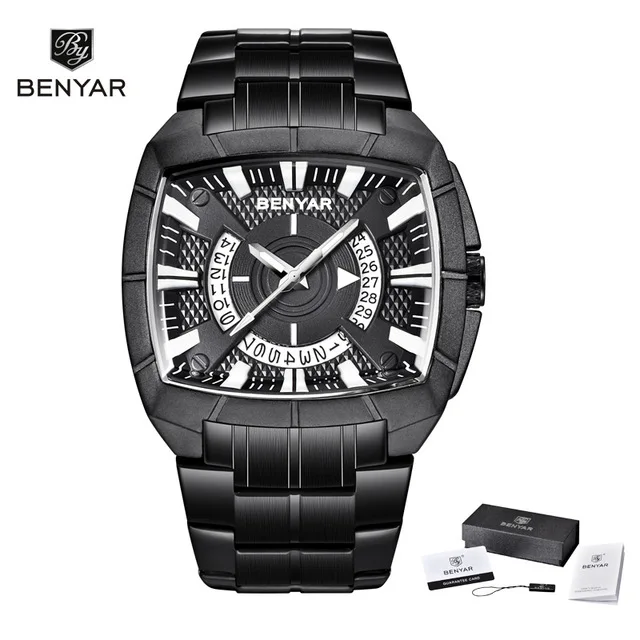 Black with box BENYAR мужские часы Бизнес Золотой нержавеющей стали Мужские кварцевые часы модные креативные спортивные водонепроницаемые часы наручные часы - Цвет: Black with box