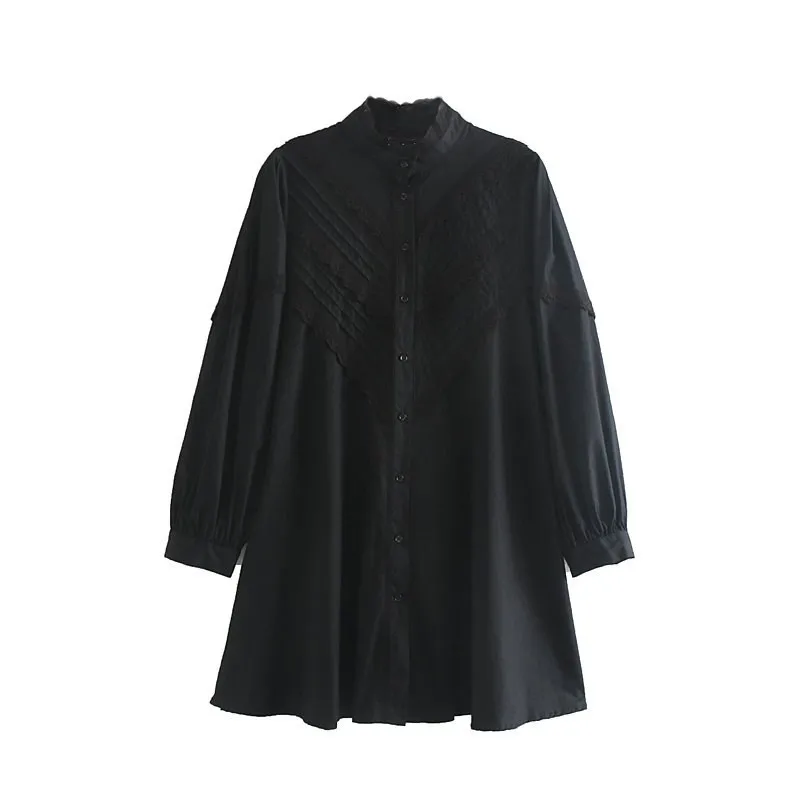

2019 Autumn Vintage Single-Breasted Loose Mini Dress England Stitching Lace Dress Solid Black Long Sleeve Short Dress