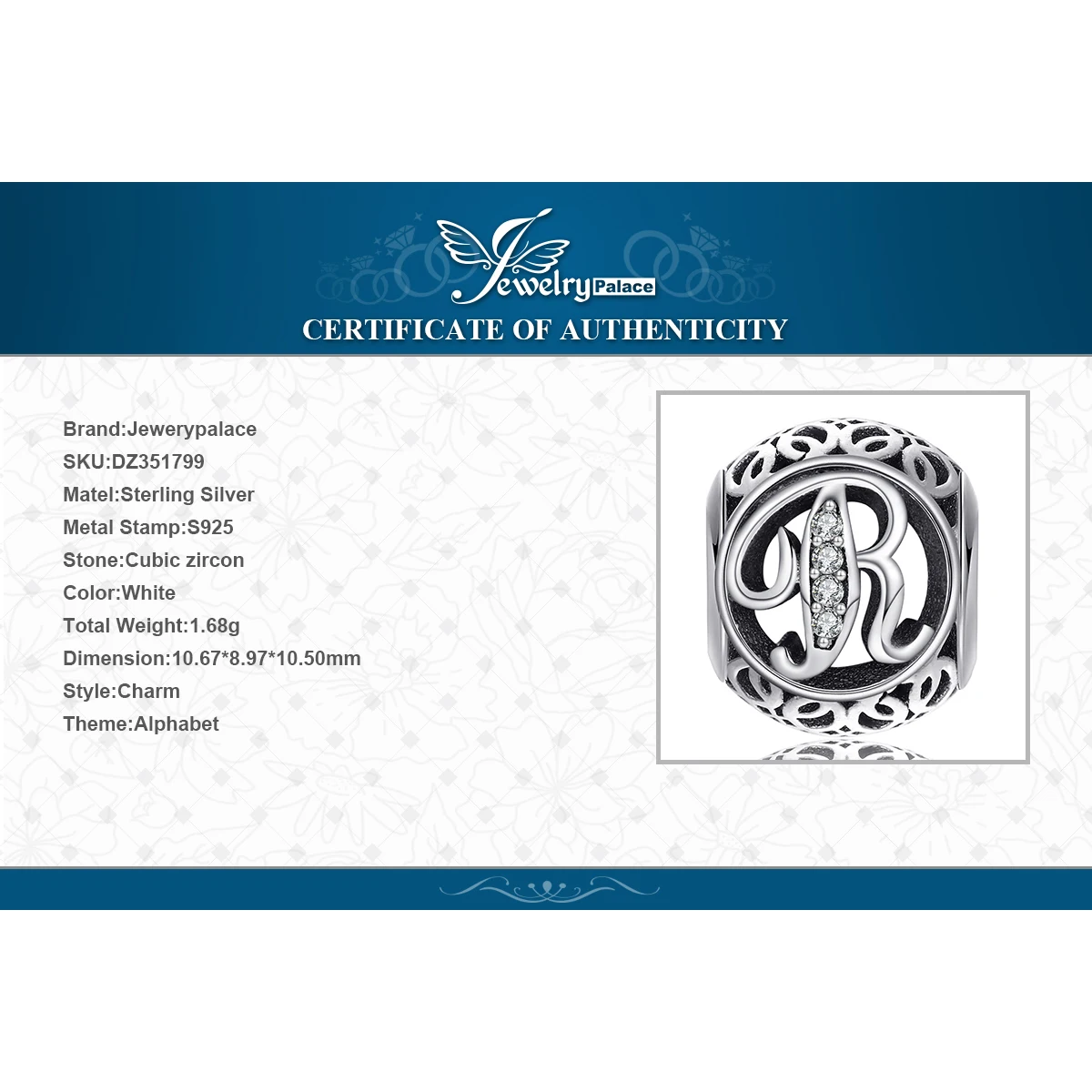 Jewelrypalace стерлингового серебра 925 Буква R жемчужный бисер Подвески Fit Браслеты