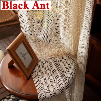 

American Country Fnished Curtain Stitching Linen Crochet Hollow Curtain for Living Room Bay Window Drape Blinds DL-JD025#40