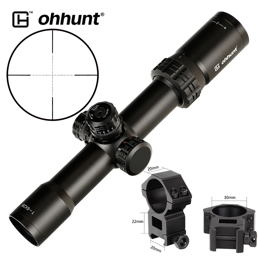 Ohhunt тонкий край 1-6x28 ИК охотничий оптический прицел Mil точка красный зеленый синий светящаяся сетка со стопор башни Сброс прицел - Цвет: High Picatinny Rings