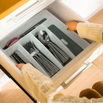 

Large Gray Silverware Tray Fork Collection Container 5 Compartments Soft-Grip Lining Plastic Cutlery Storage Box for Tableware
