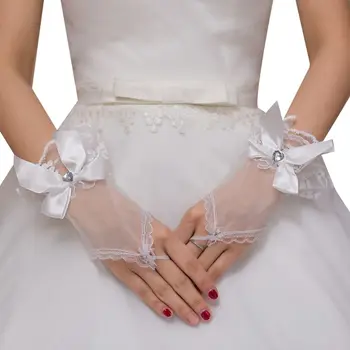 

Wedding Short Fingerless Gloves Bowknot Heart Rhinestone Ruffles Lace Mittens E15E