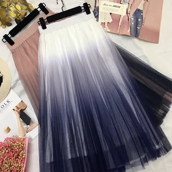 

Long Tulle Skirt Women 2020 Summer Gradient Korean Elegant A-line Pleated Sun School High Waist Midi Skirt Female